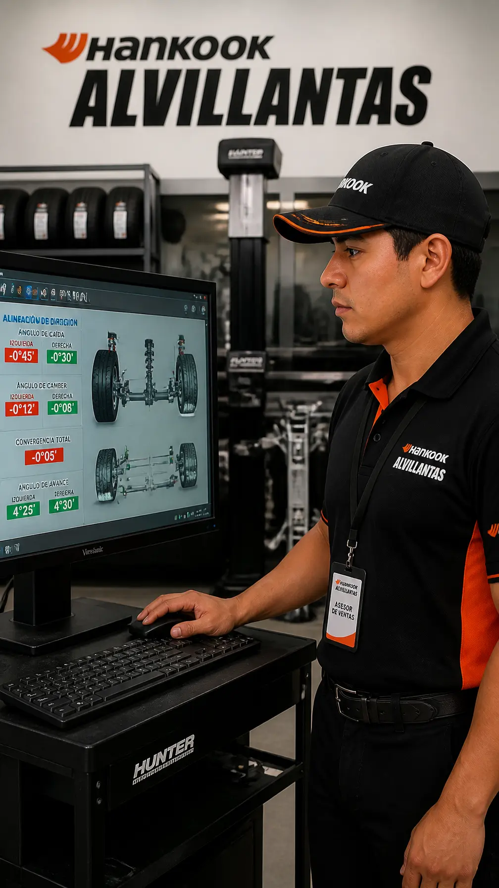 Técnico operando la computadora de alineación