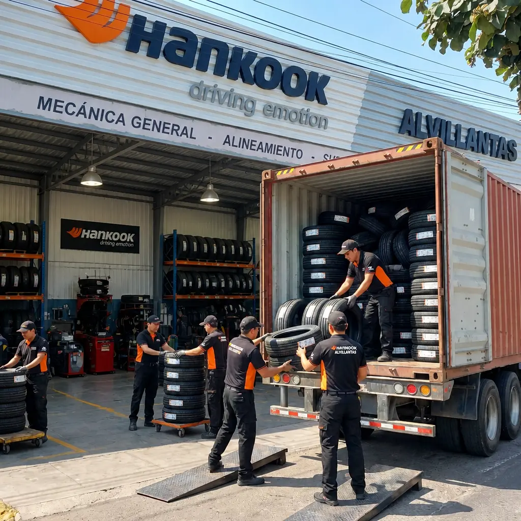 Camión con contenedor descargando llantas importadas